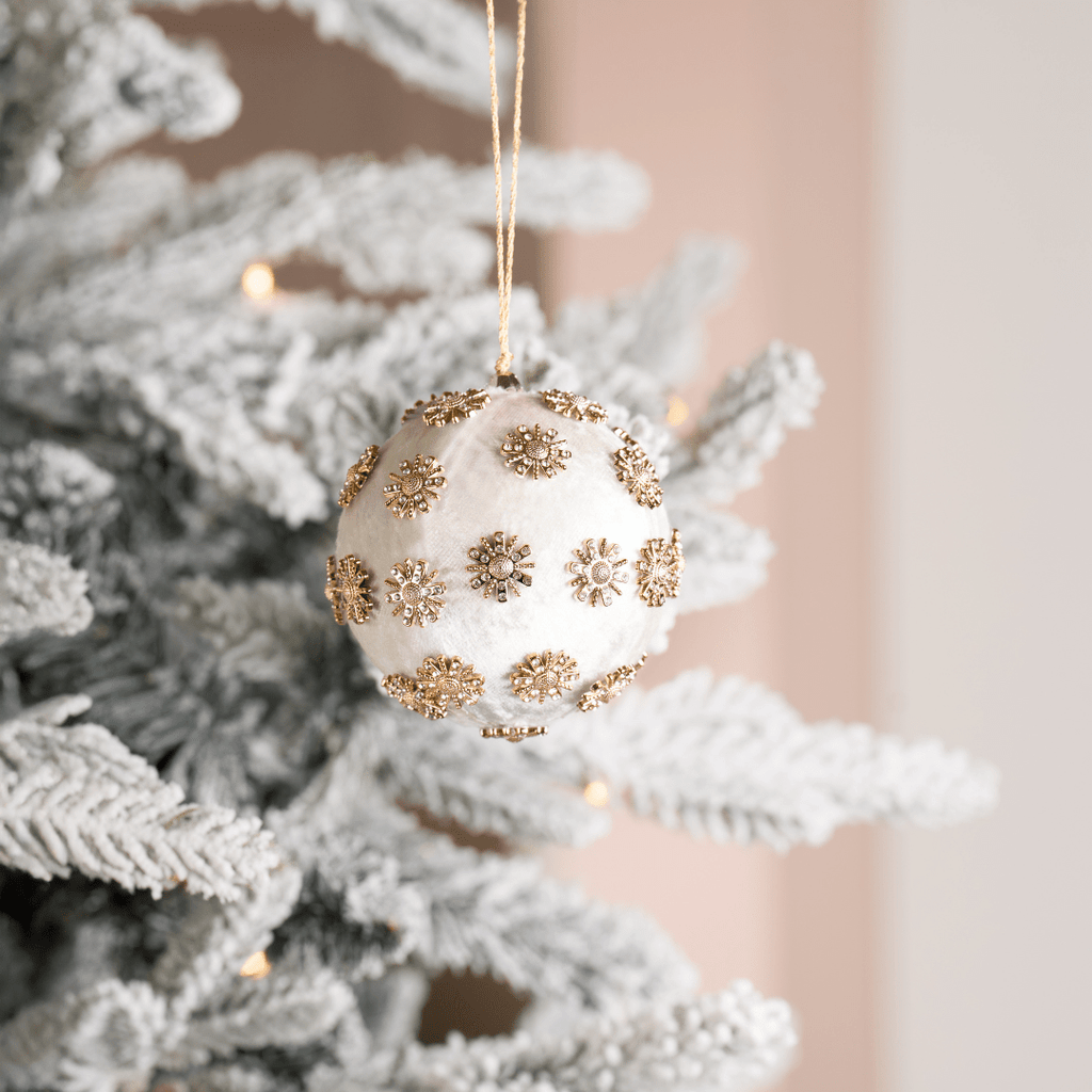 Ivory Sunflower Rhinestone Velvet 4" Ball Ornament