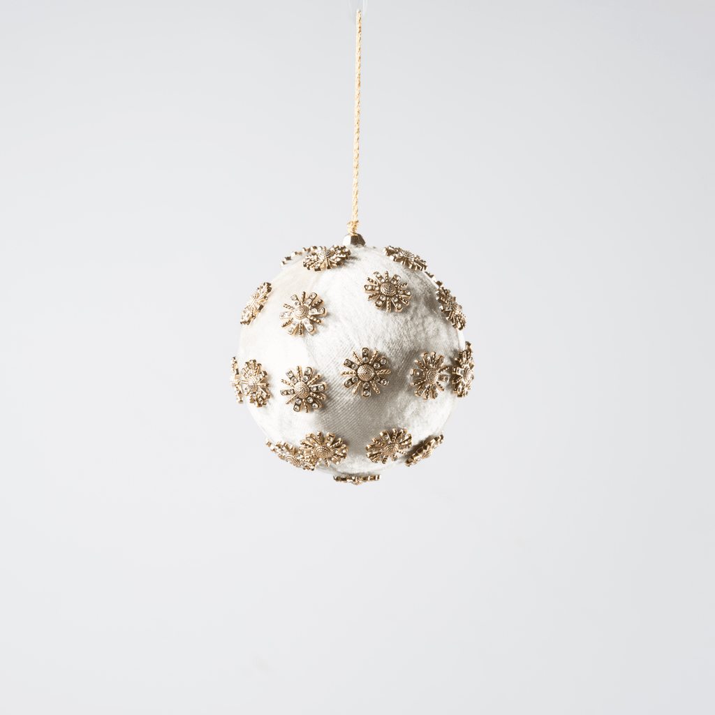 Ivory Sunflower Rhinestone Velvet 4" Ball Ornament