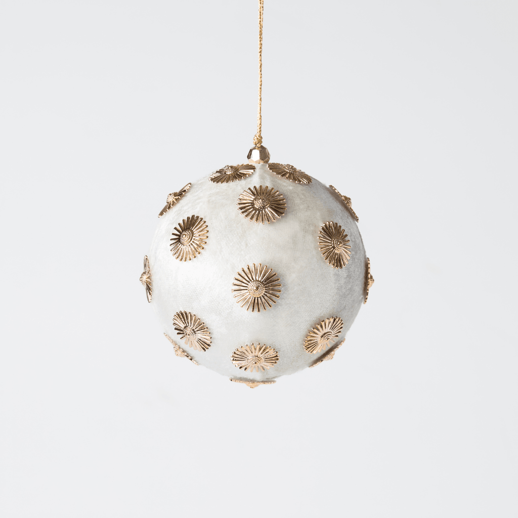 Ivory Sunflower Rhinestone Velvet 4" Ball Ornament