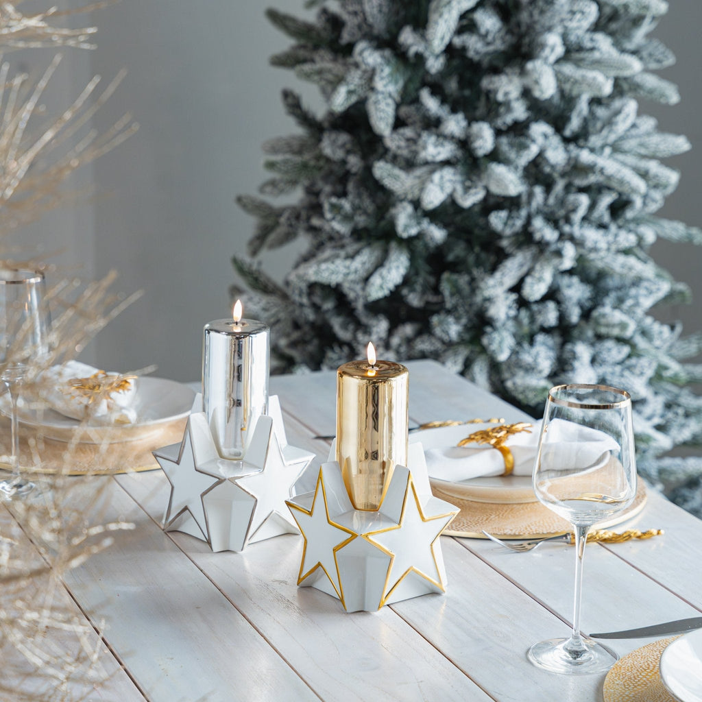 LED 6" Gold Glass Pillar with Glazed Porcelain Star Base