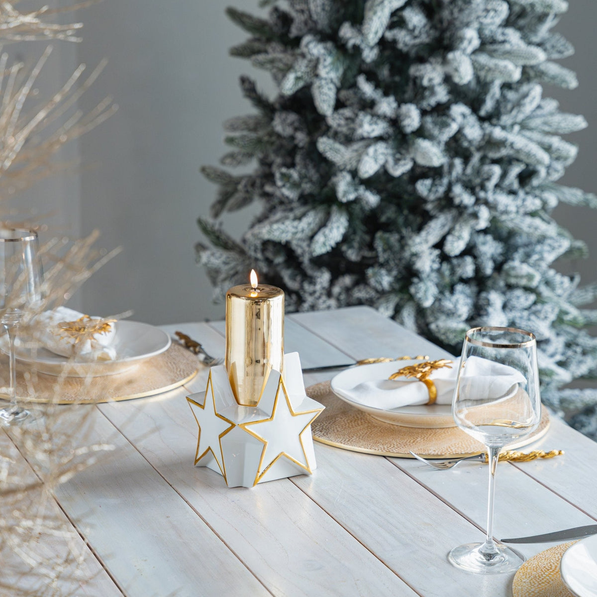 LED 6" Gold Glass Pillar with Glazed Porcelain Star Base