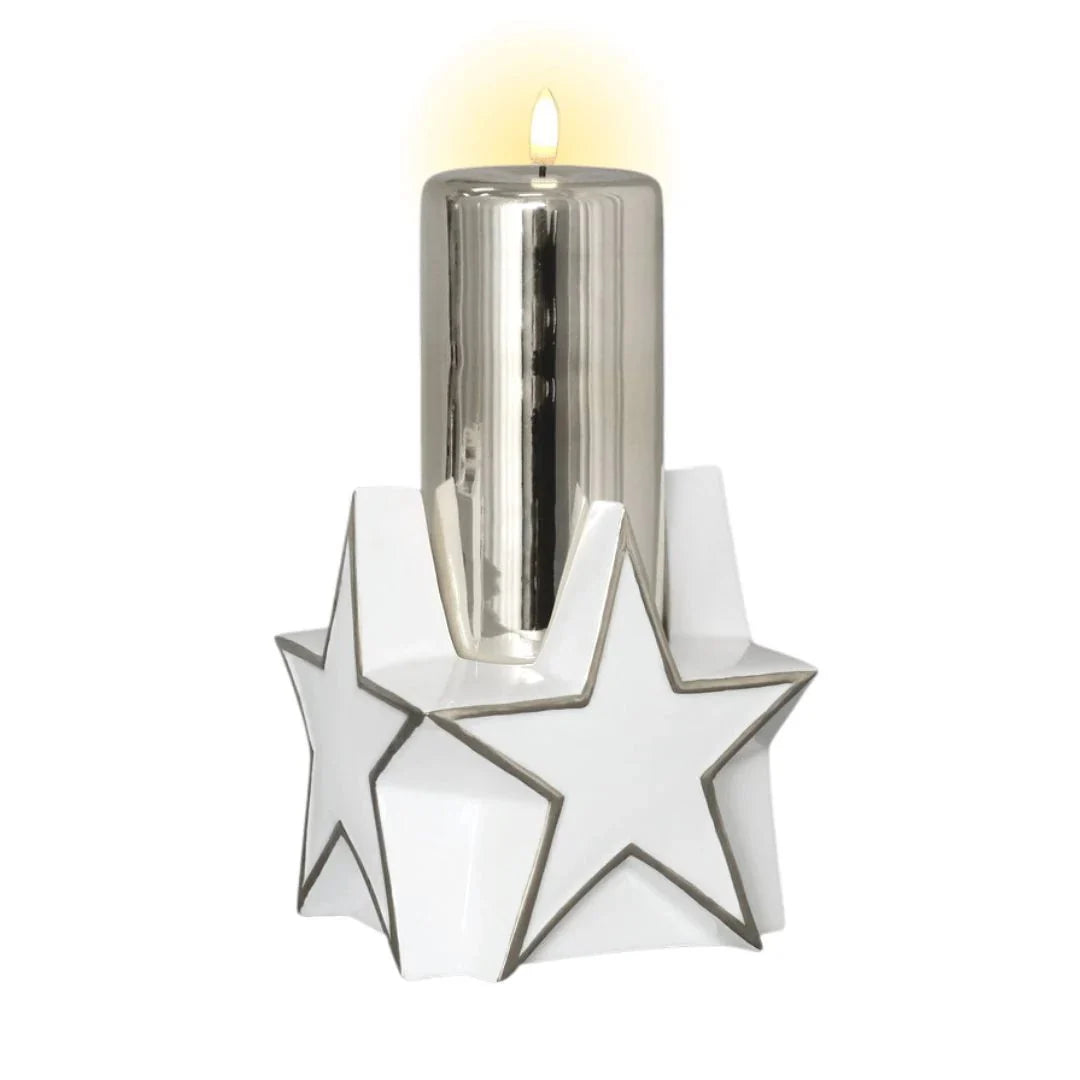 LED 6" Silver Glass Pillar with Glazed Porcelain Star Base