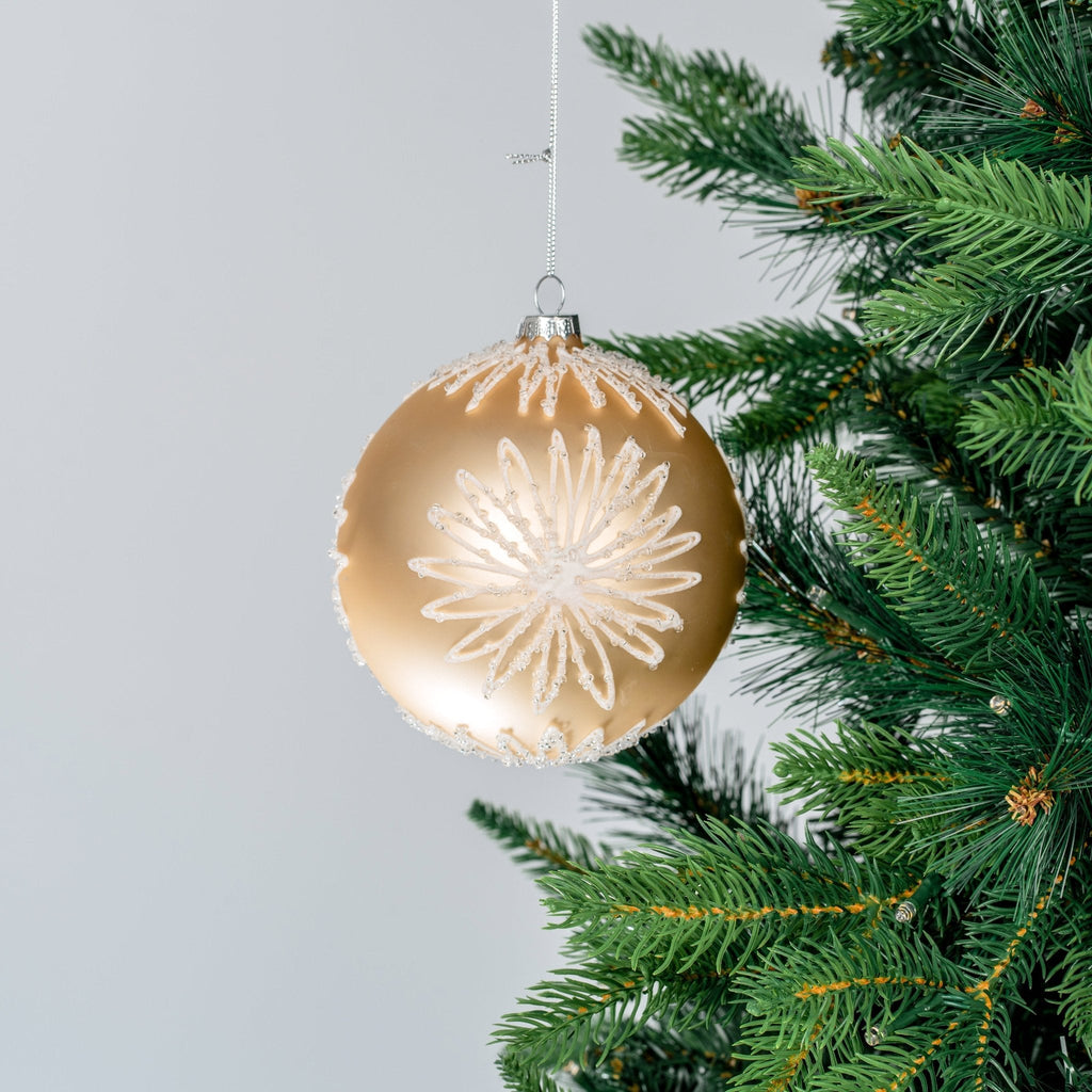 Matte Champagne Ball Ornament with White Glitter Blooms