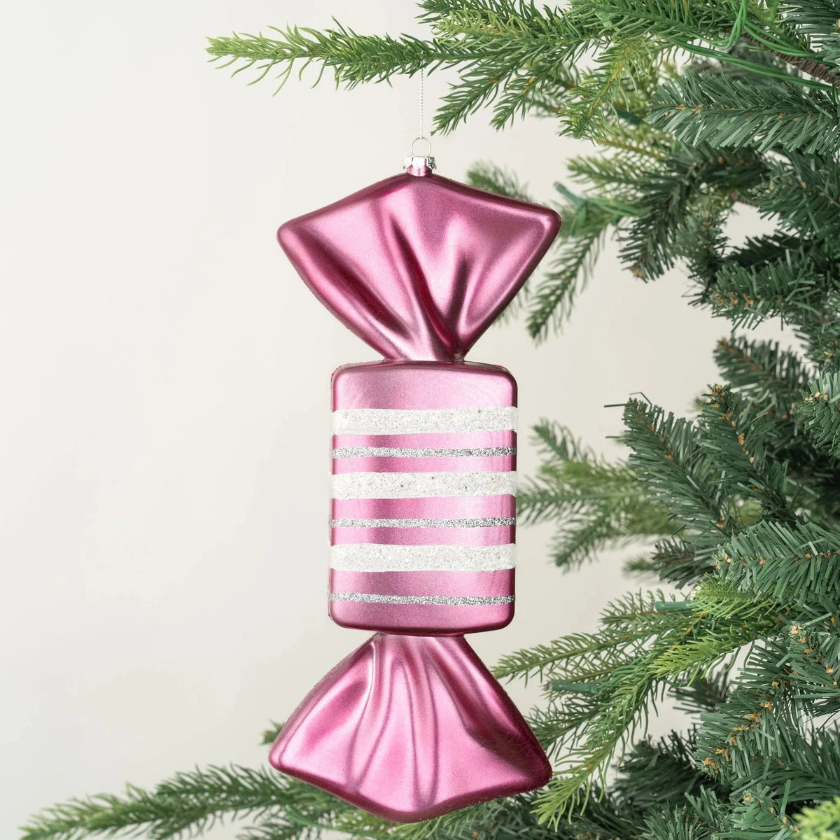 Matte Pink Candy Ornament With Silver Glitter