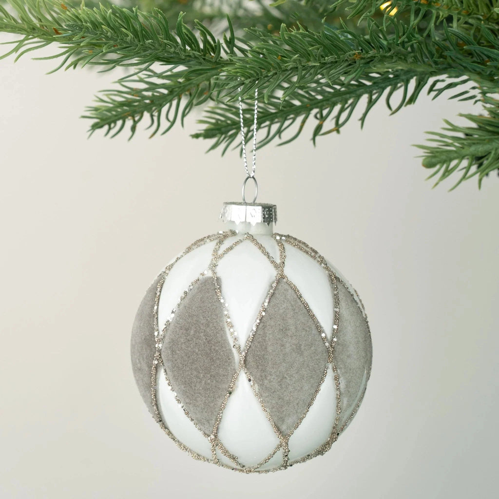 Matte White Ball Ornament With Grey Velour Detailing
