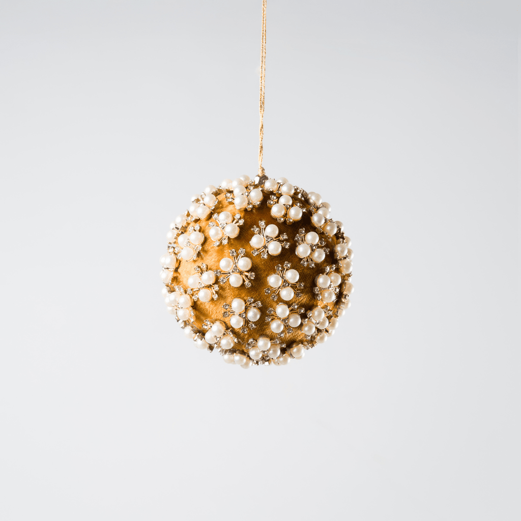 Mustard Pearl & Rhinestone Velvet Ornament 4"