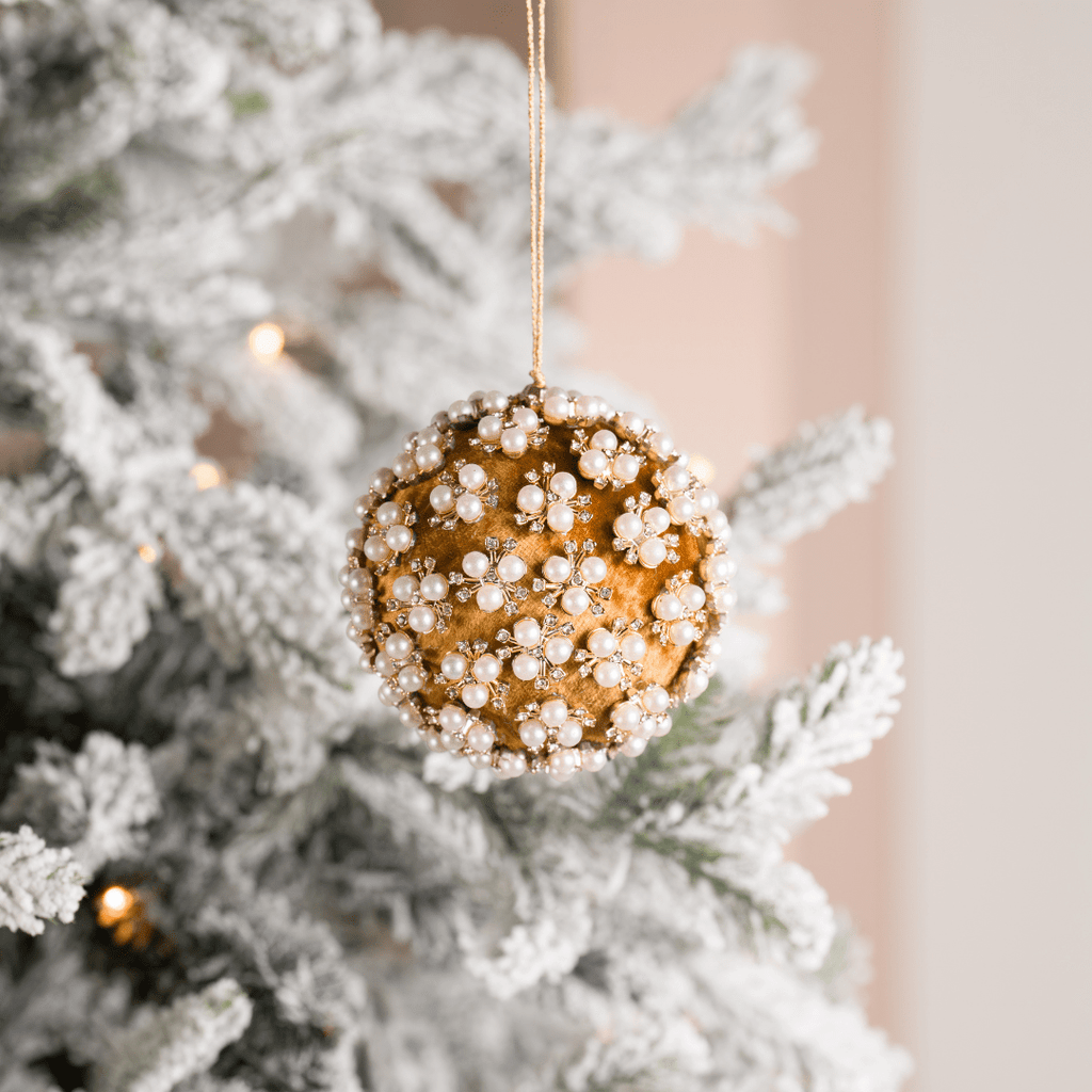 Mustard Pearl & Rhinestone Velvet Ornament 4"