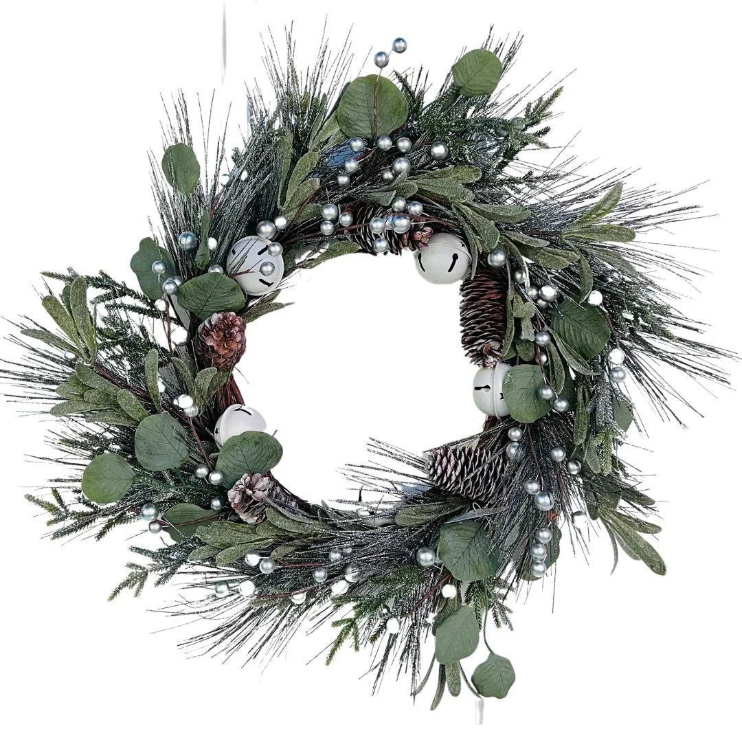 Pine wreath with white bell and pinecone
