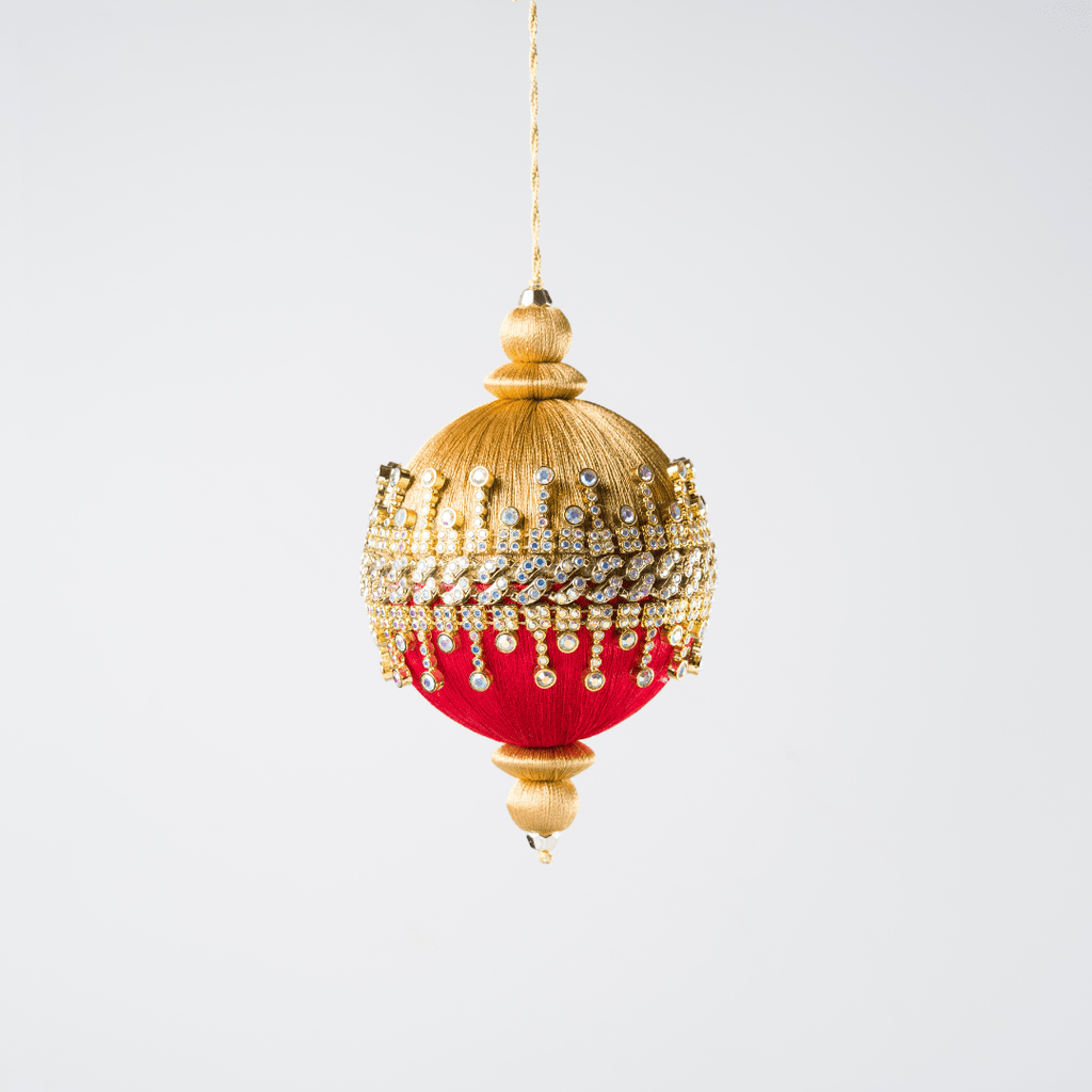 Red Embellished Round Ornament with Gold Thread Detail