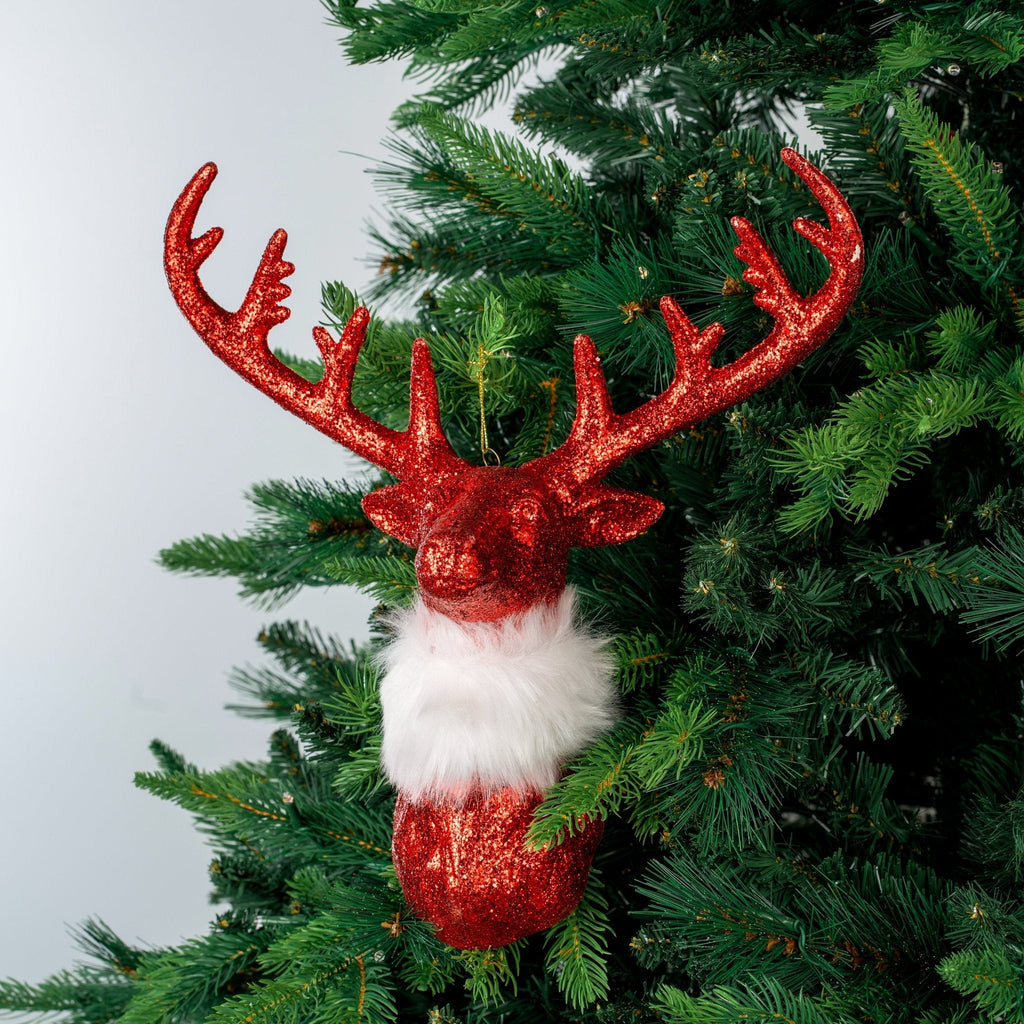 Red Glitter Reindeer Head Ornament with Faux Fur