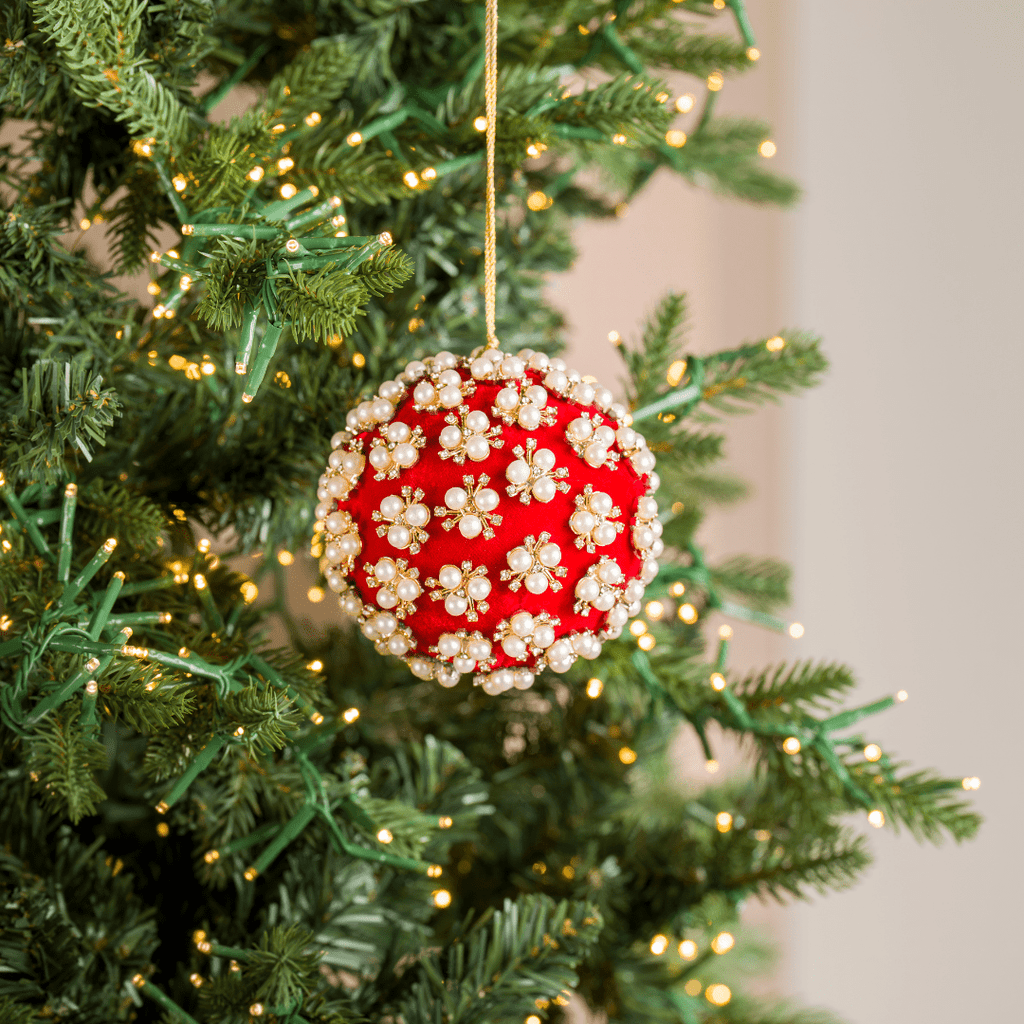 Red Pearl & Rhinestone Velvet Ornament 4"