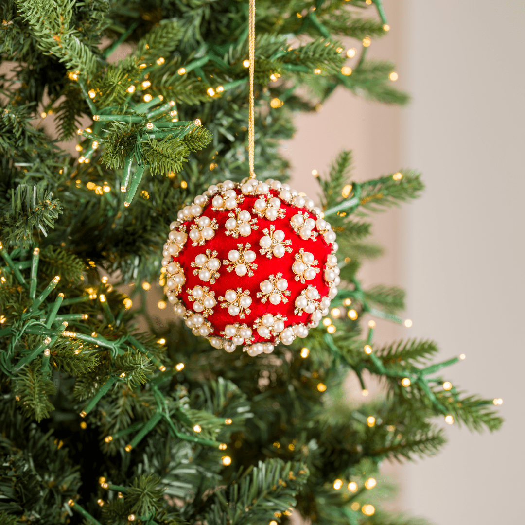 Red Pearl & Rhinestone Velvet Ornament 4"