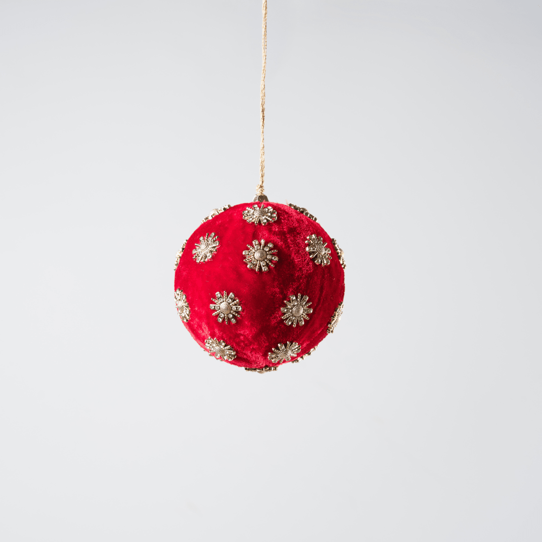 Red Sunflower Rhinestone Velvet 4" Ball Ornament