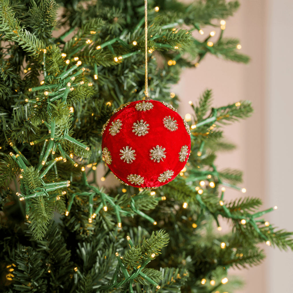 Red Sunflower Rhinestone Velvet 4" Ball Ornament