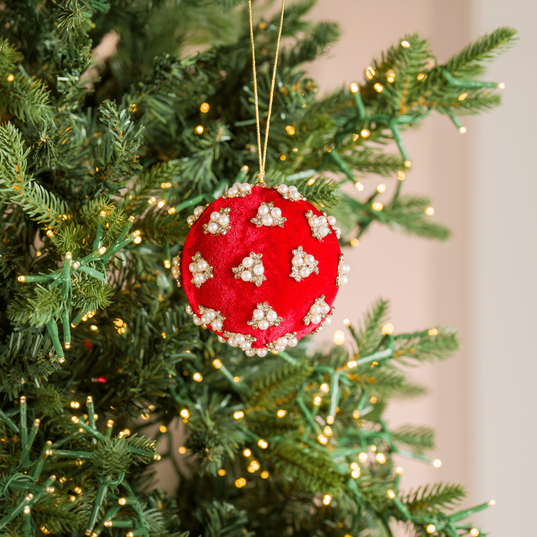 Red Velvet Ball Ornament with Flower Pearl Rhinestones
