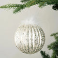 Ruched Silver Ball Ornament With Feathers
