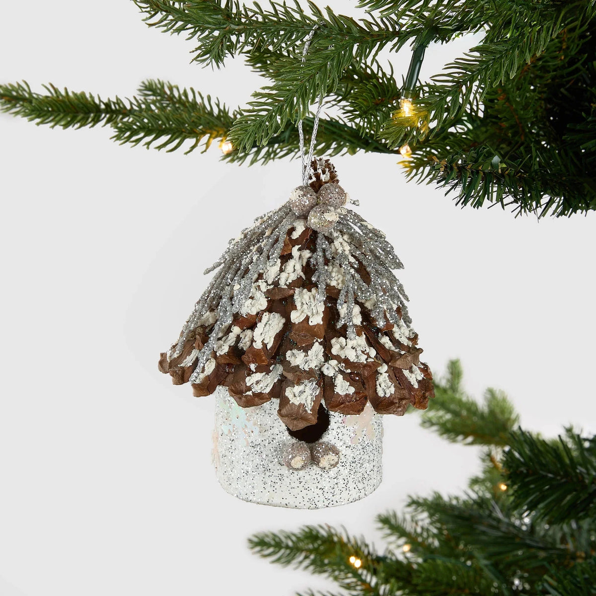 Rustic Bird House Ornament With Platinum Glitter