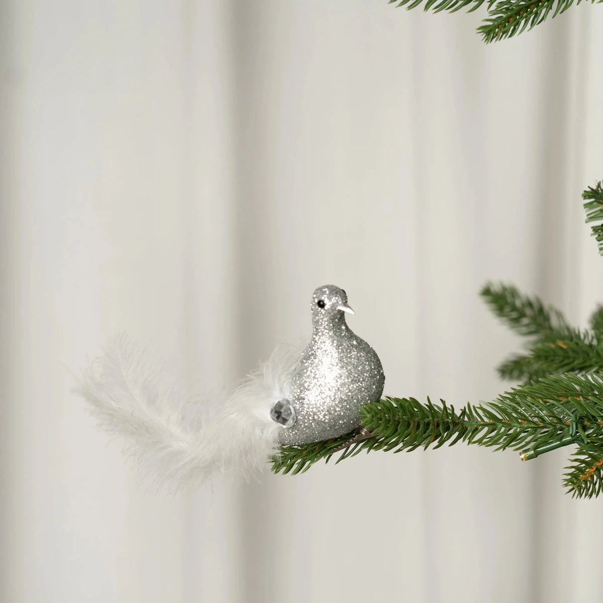 Silver Bird Clip-On Ornament With Glitter Tail & Feathers