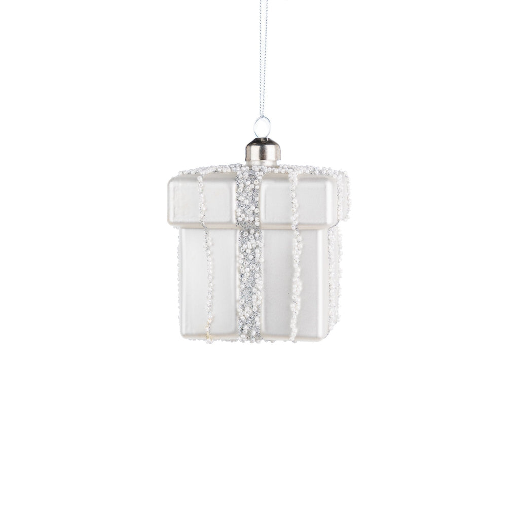 Silver Christmas Box Ornament with Shimmering Tassel