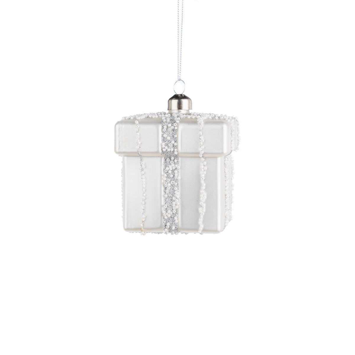 Silver Christmas Box Ornament with Shimmering Tassel