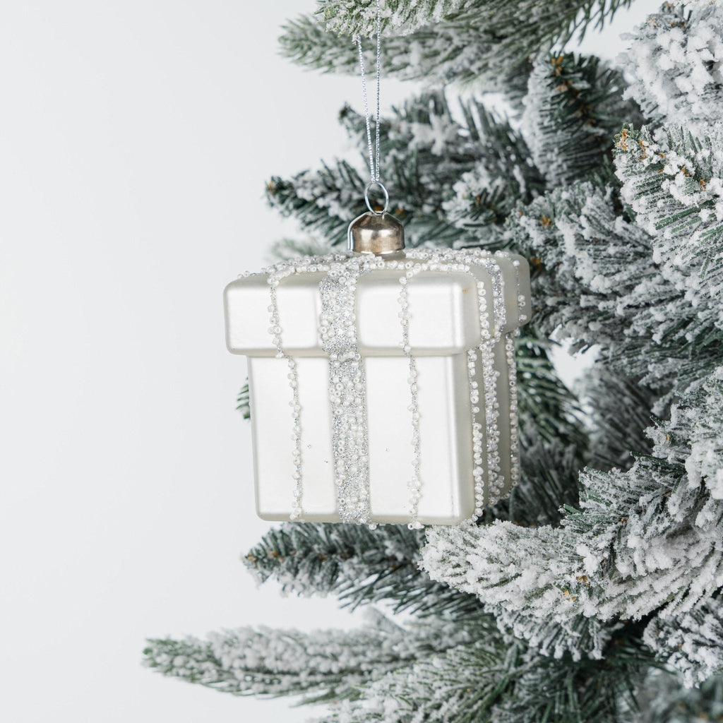 Silver Christmas Box Ornament with Shimmering Tassel