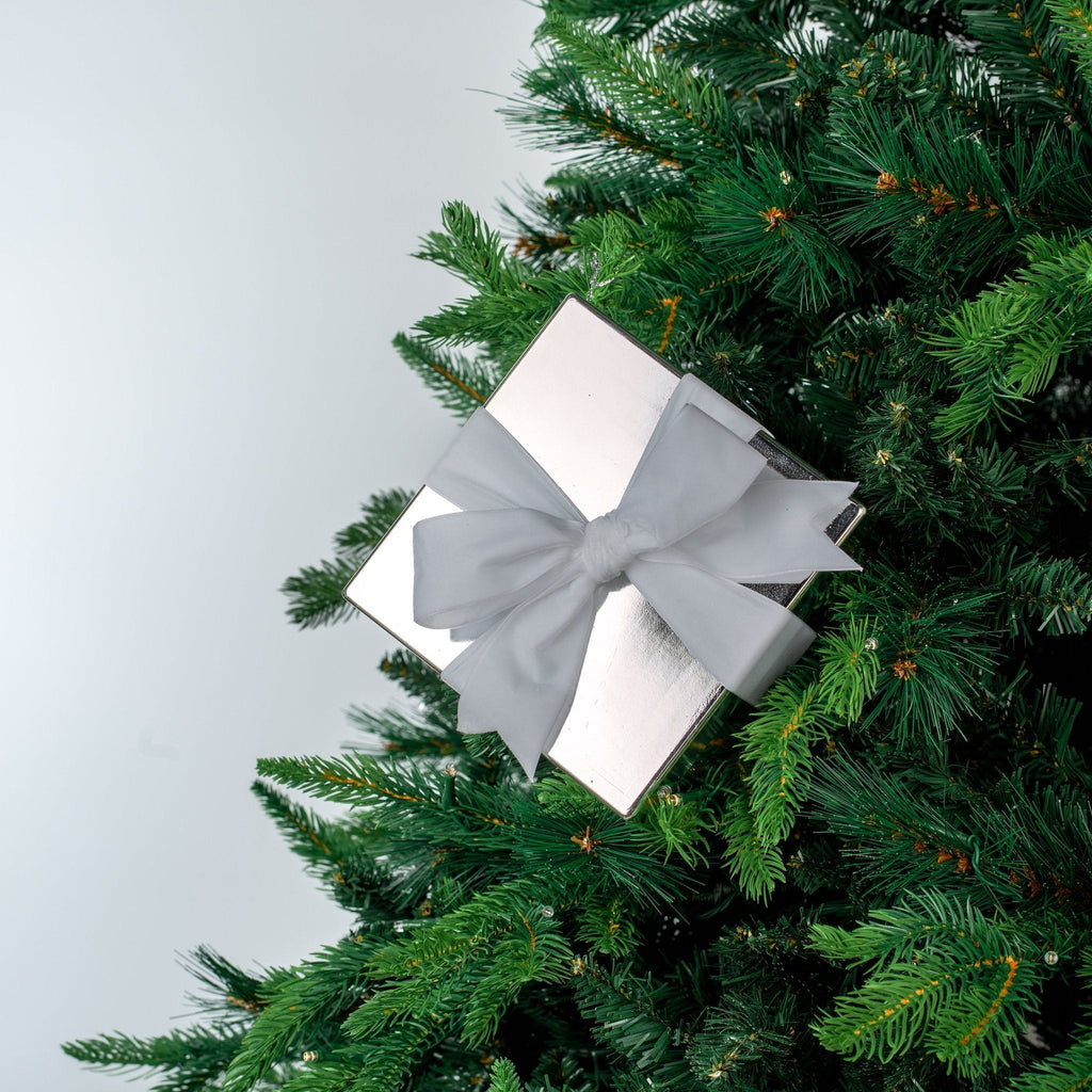Silver Gift-Box Ornament with White Bow