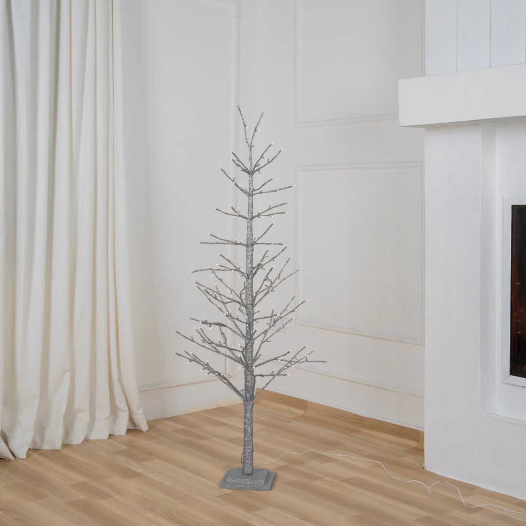 Silver Glitter Porch Tree with Twinkling LED Lights