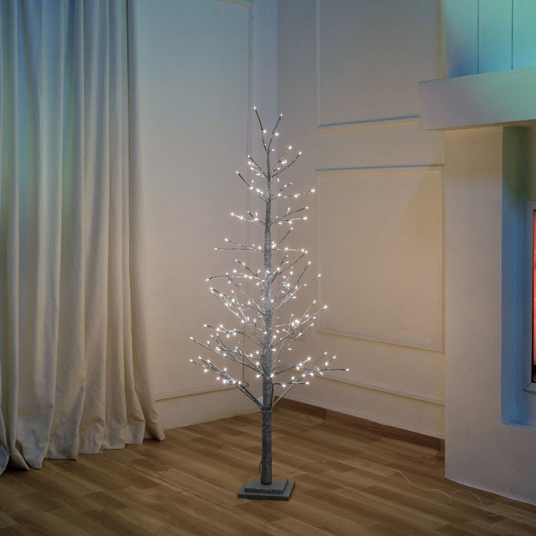 Silver Glitter Porch Tree with Twinkling LED Lights