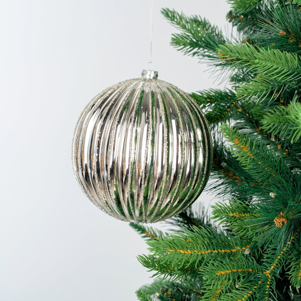 Silver Mirror Ribbed Ball Ornament