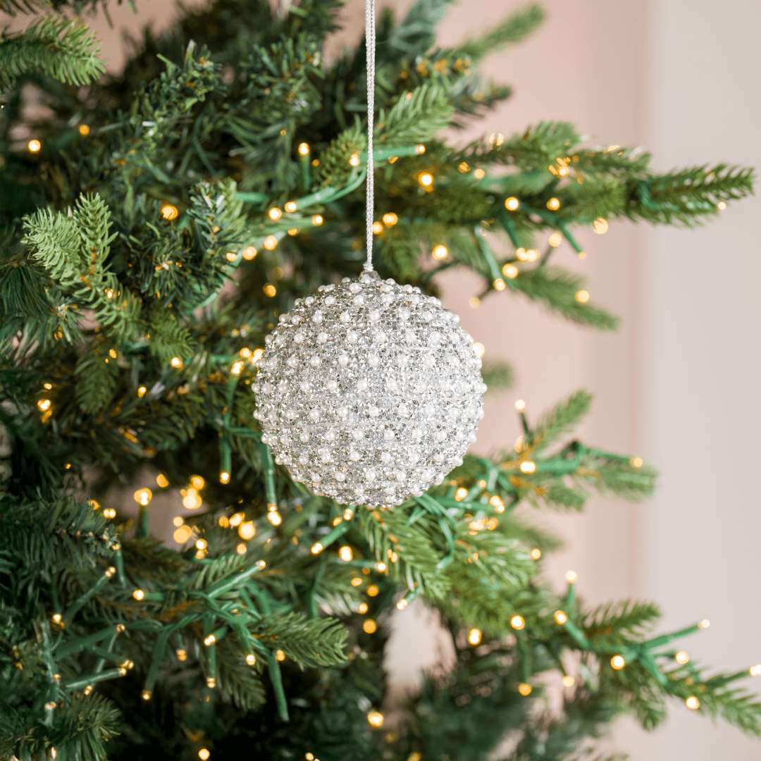 Silver Sequin & Pearl Ornament 4"