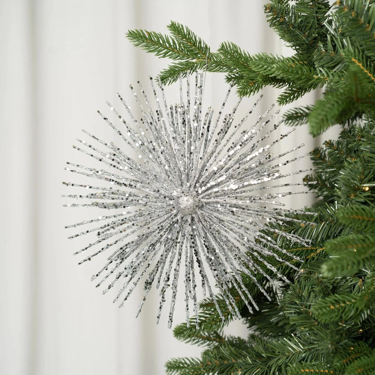Silver Starburst Ornament With Silver Glitter