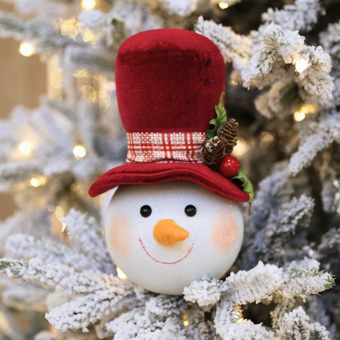 Snowman Head Ornament With Burgundy Holly Hat