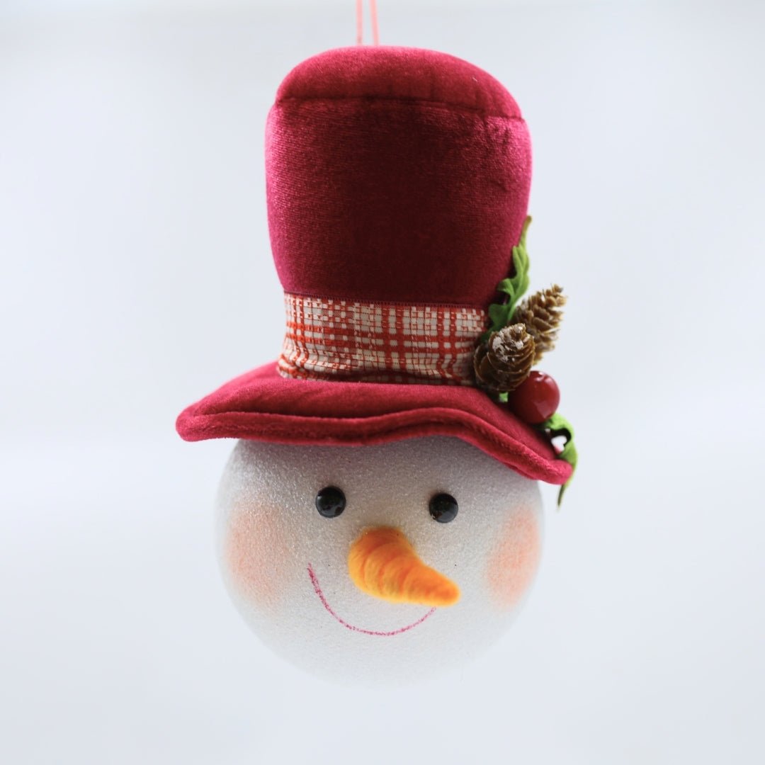 Snowman Head Ornament With Burgundy Holly Hat