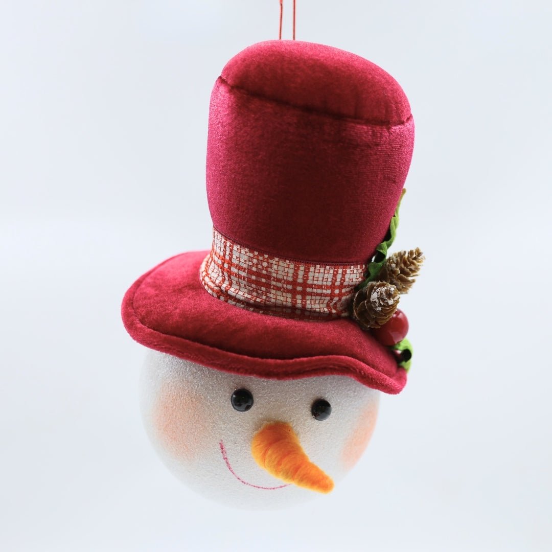 Snowman Head Ornament With Burgundy Holly Hat