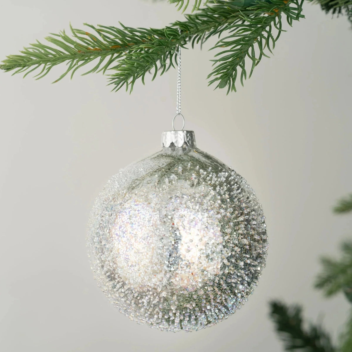 Sugar Crystal Silver Ball Ornament With Glitter