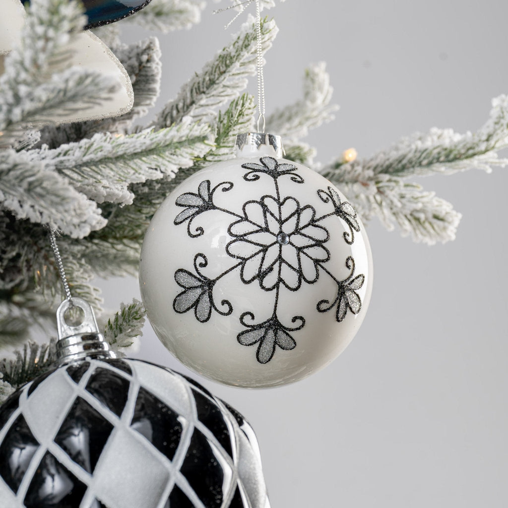 White Ball Ornament with Black Glitter Floral Detail