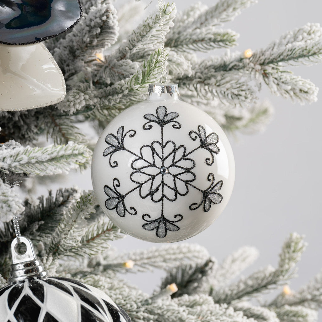 White Ball Ornament with Black Glitter Floral Detail