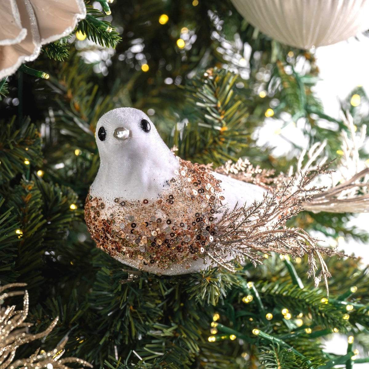 White Bird Ornament with Champagne Detailing