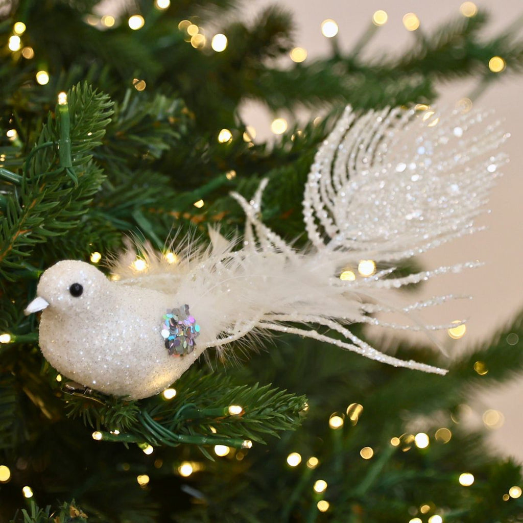 White Bird Ornament with Peacock Tail