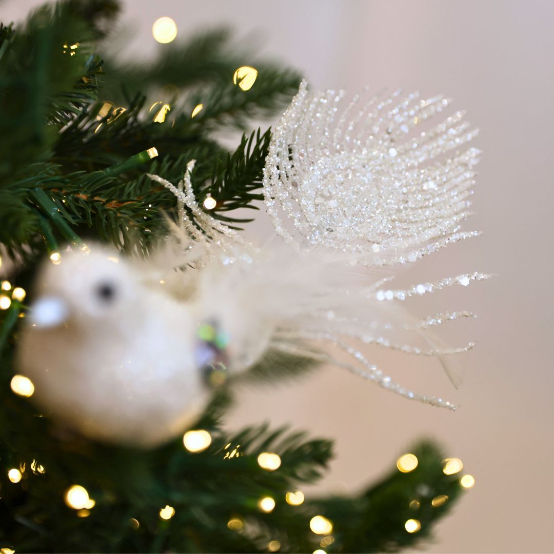 White Bird Ornament with Peacock Tail