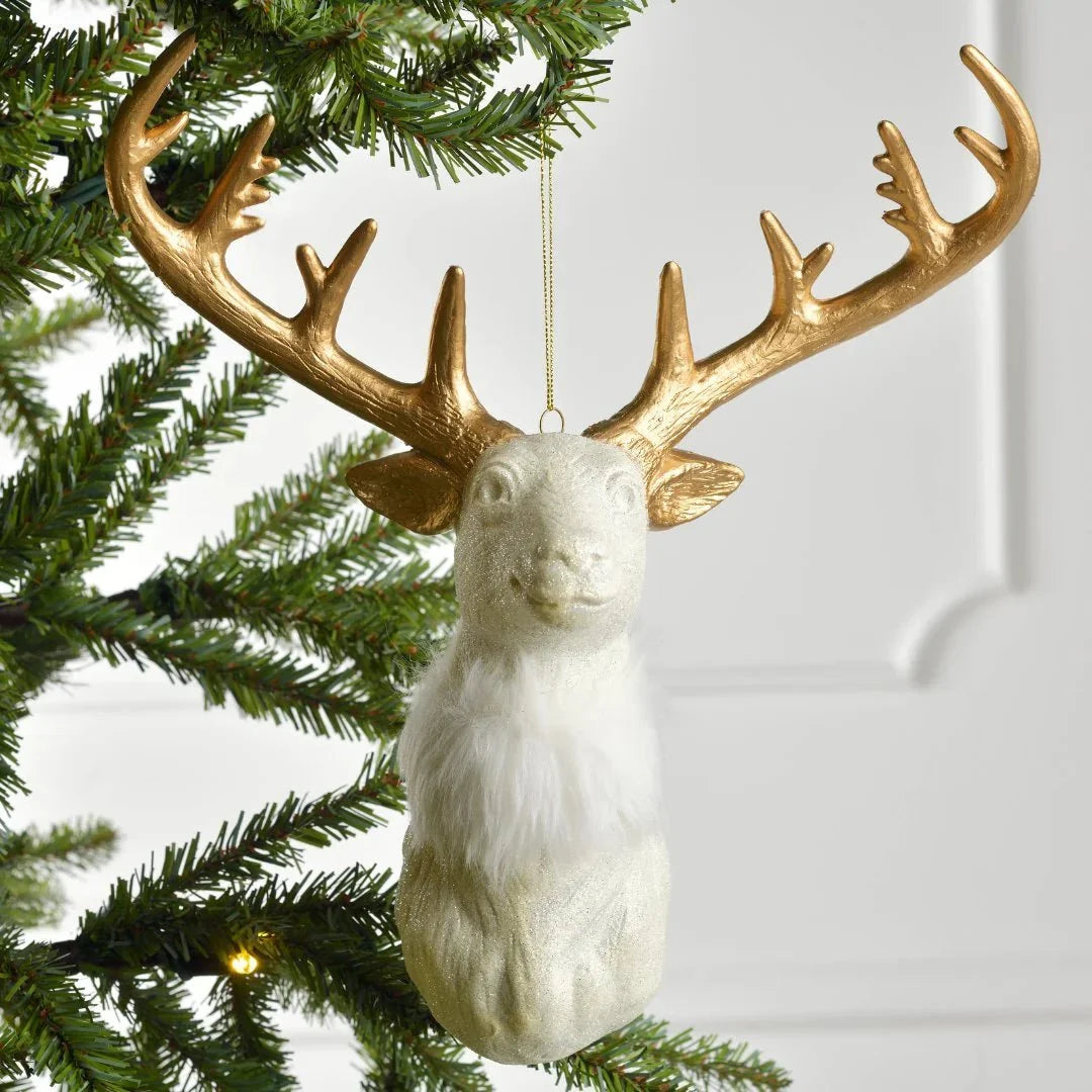 White Dear Head with Gold Glittered Horn & White Fur Ornament