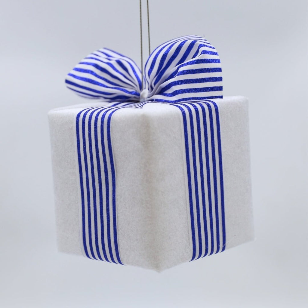 White Gift-Box Ornament With Striped Blue Ribbon