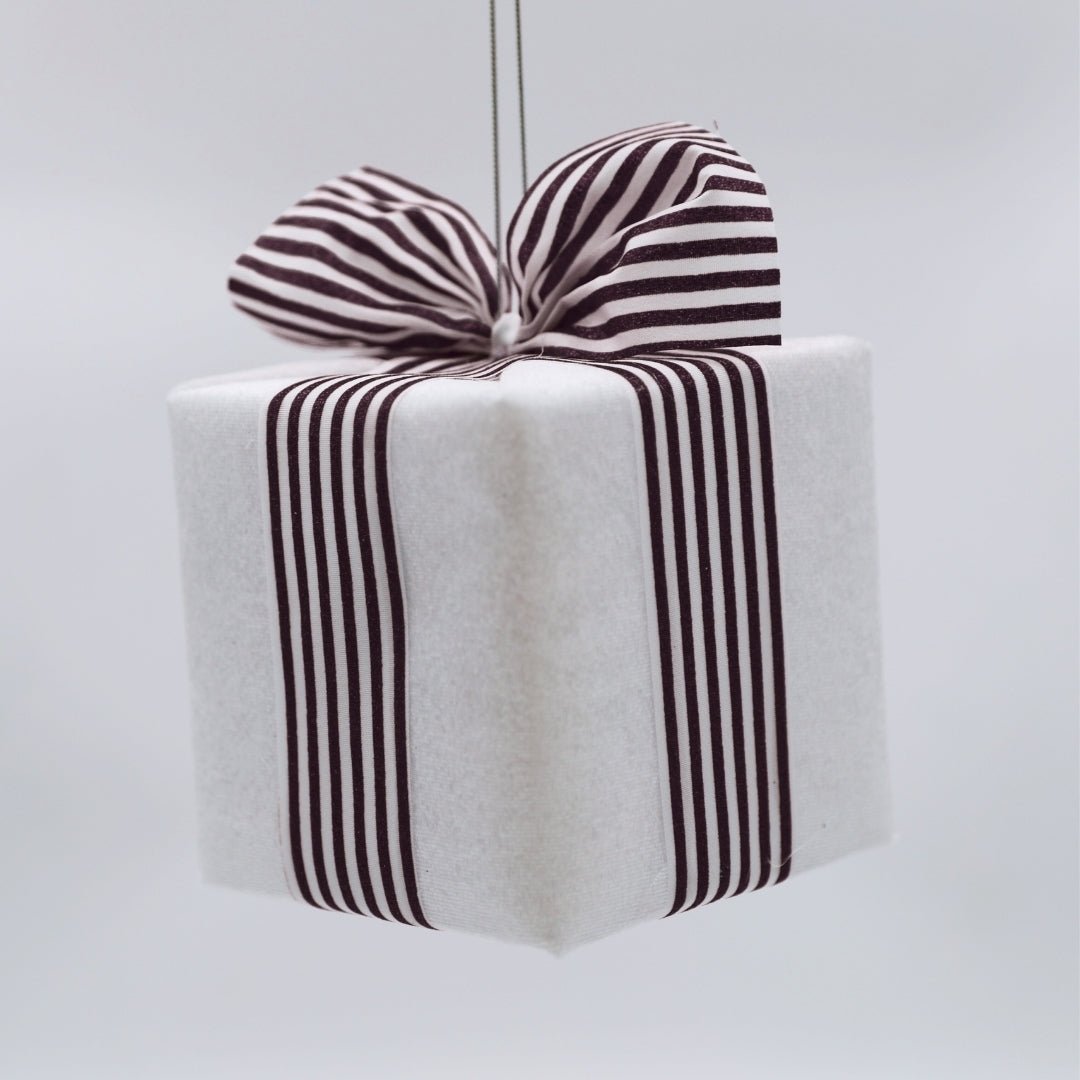 White Gift-Box Ornament With Striped Monochrome Ribbon